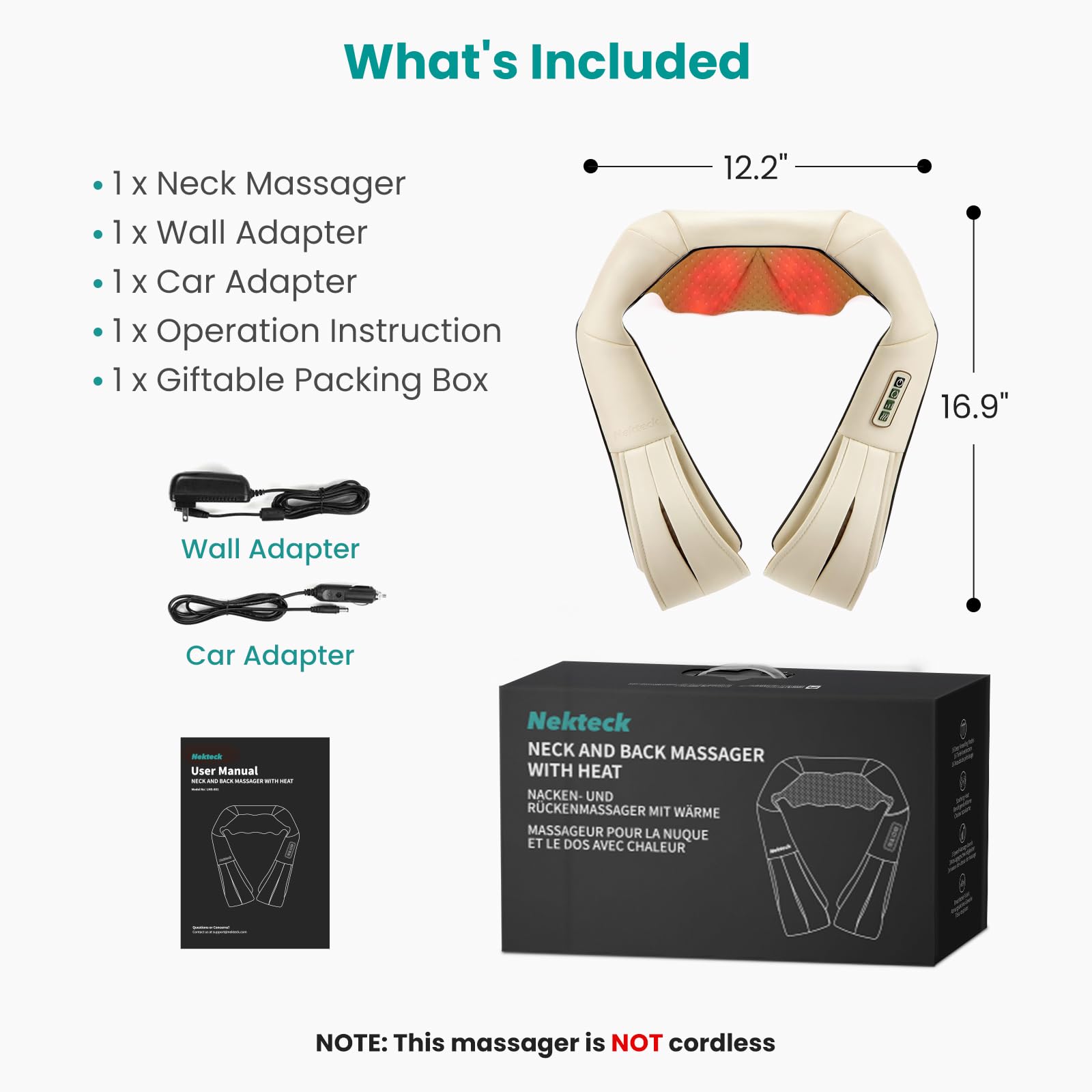 Nekteck Shiatsu Neck Massager for Pain Relief Deep Tissue with Heat, 3D Kneading Massage Pillow Back Shoulder Massagerfor Body Muscle, Plug-in Use for Home Office Car, Gifts for Mom Dad Him Her