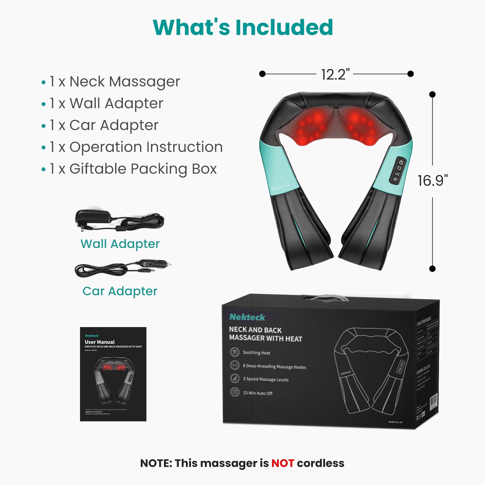 Nekteck Shiatsu Neck Massager for Pain Relief Deep Tissue with Heat, 3D Kneading Massage Pillow Back Shoulder Massagerfor Body Muscle, Plug-in Use for Home Office Car, Gifts for Mom Dad Him Her