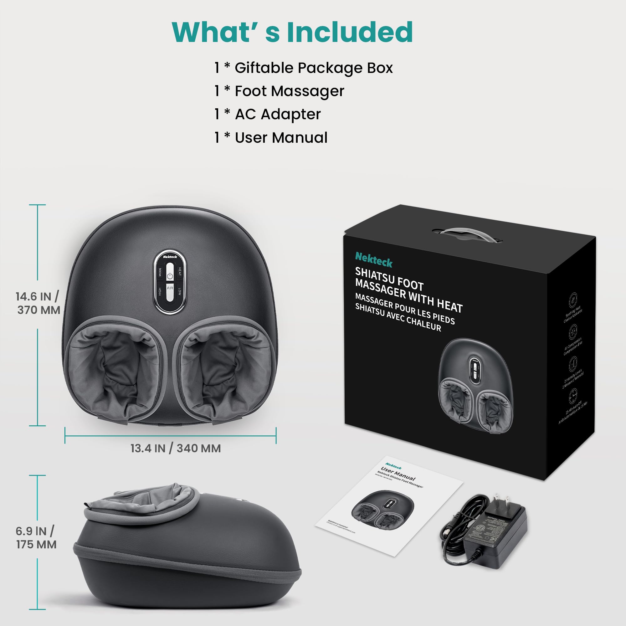 Nekteck Shiatsu Foot Massager with Heat, FSA Eligible Deep Kneading Therapy Air Compression, HSA Feet Massage Improve Blood Circulation Foot Wellness Soothing Pain Relief, Relax for Home Office Use