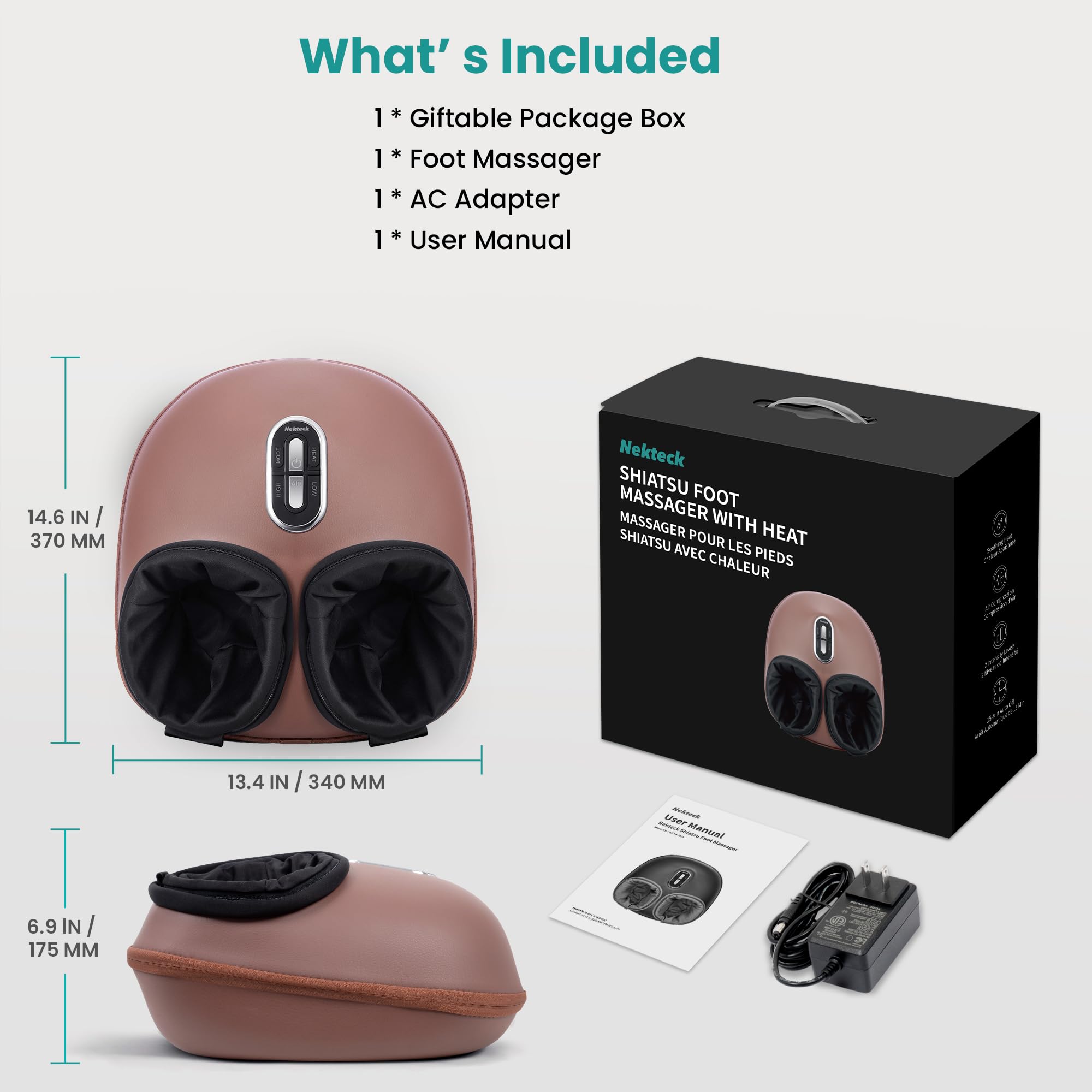 Nekteck Shiatsu Foot Massager with Heat, FSA Eligible Deep Kneading Therapy Air Compression, HSA Feet Massage Improve Blood Circulation Foot Wellness Soothing Pain Relief, Relax for Home Office Use