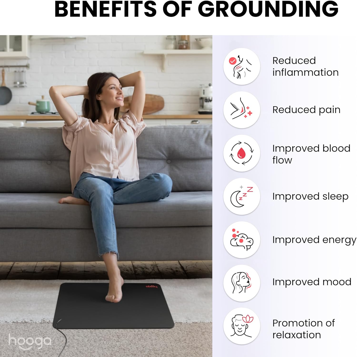 Hooga Grounding Mat for Sleep, Energy, Pain Relief, Inflammation, Balance, Wellness. Earth Connected Indoor Grounding for Home, Office, Work. 15 Foot Cord Included. Conductive Carbon
