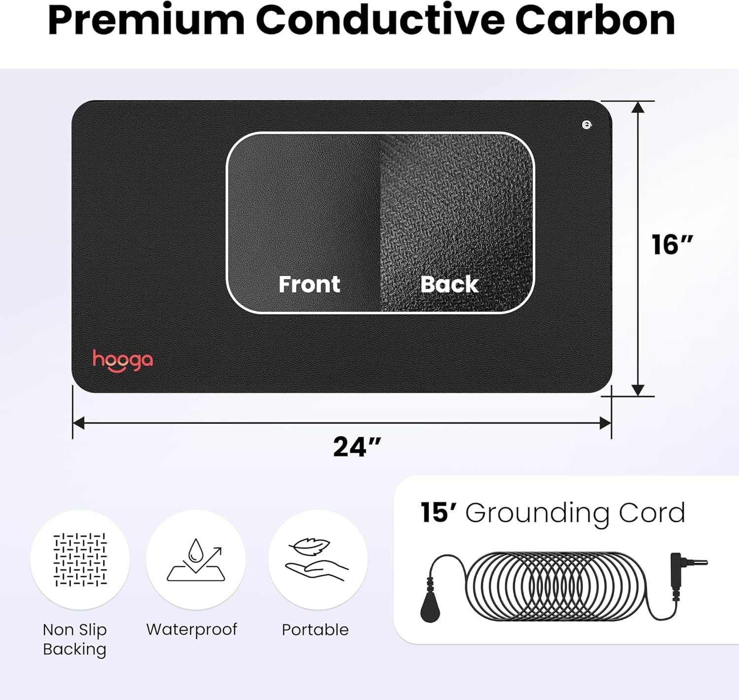 Hooga Grounding Mat for Sleep, Energy, Pain Relief, Inflammation, Balance, Wellness. Earth Connected Indoor Grounding for Home, Office, Work. 15 Foot Cord Included. Conductive Carbon